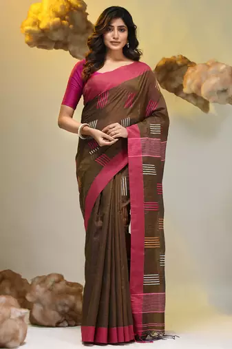 Brown tissue handwoven saree with woven designs