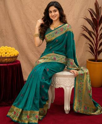 Teal green soft silk blend banarasi jacuard work pethani saree with unstitched blouse piece 4