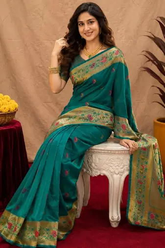 Teal green soft silk blend banarasi jacuard work pethani saree with unstitched blouse piece