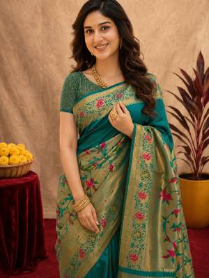 Teal green soft silk blend banarasi jacuard work pethani saree with unstitched blouse piece 5