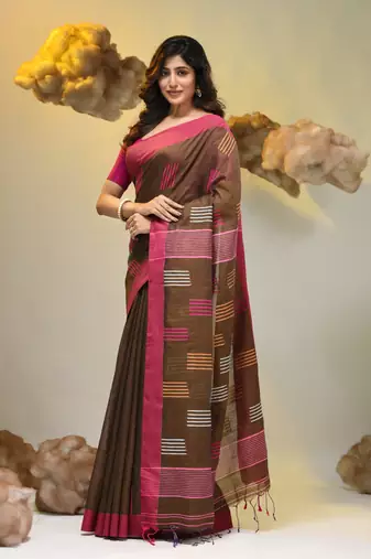 Brown tissue handwoven saree with woven designs