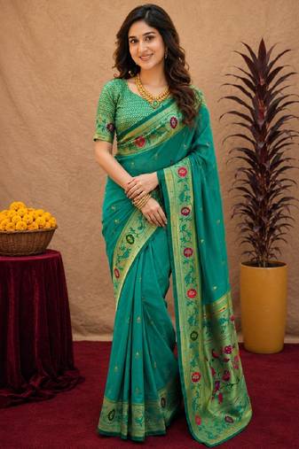 Teal green soft silk blend banarasi jacuard work pethani saree with unstitched blouse piece