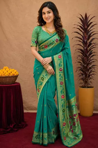 Teal green soft silk blend banarasi jacuard work pethani saree with unstitched blouse piece