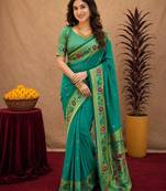 Teal green soft silk blend banarasi jacuard work pethani saree with unstitched blouse piece