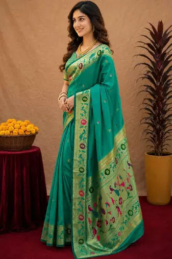 Teal green soft silk blend banarasi jacuard work pethani saree with unstitched blouse piece