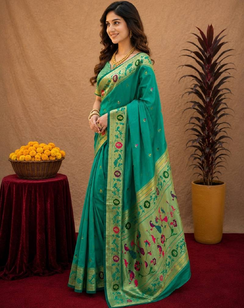 Teal green soft silk blend banarasi jacuard work pethani saree with unstitched blouse piece