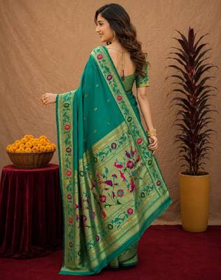 Teal green soft silk blend banarasi jacuard work pethani saree with unstitched blouse piece 3