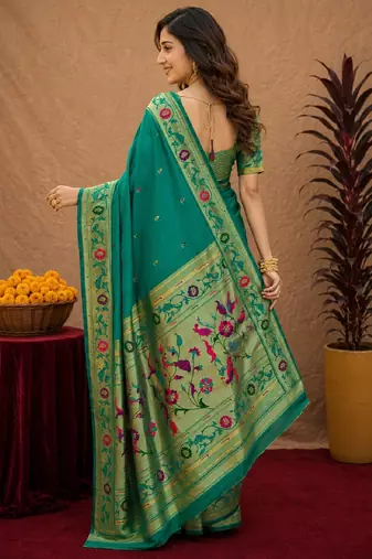 Teal green soft silk blend banarasi jacuard work pethani saree with unstitched blouse piece