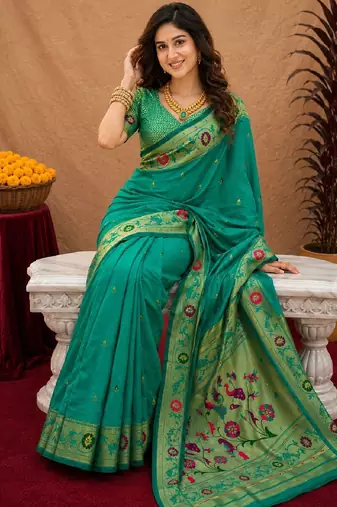 Teal green soft silk blend banarasi jacuard work pethani saree with unstitched blouse piece