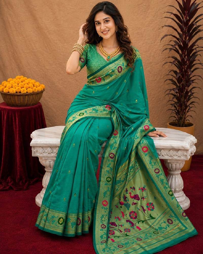 Teal green soft silk blend banarasi jacuard work pethani saree with unstitched blouse piece