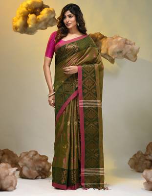 Sap green tissue handwoven soft saree with texture designs 1