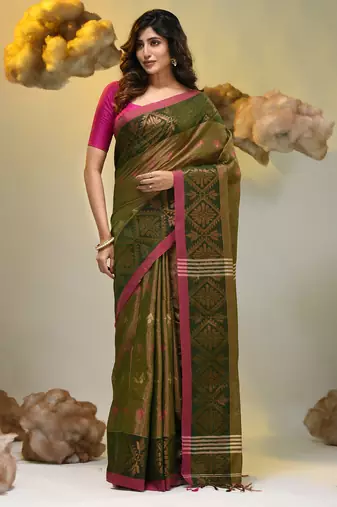 Sap green tissue handwoven soft saree with texture designs