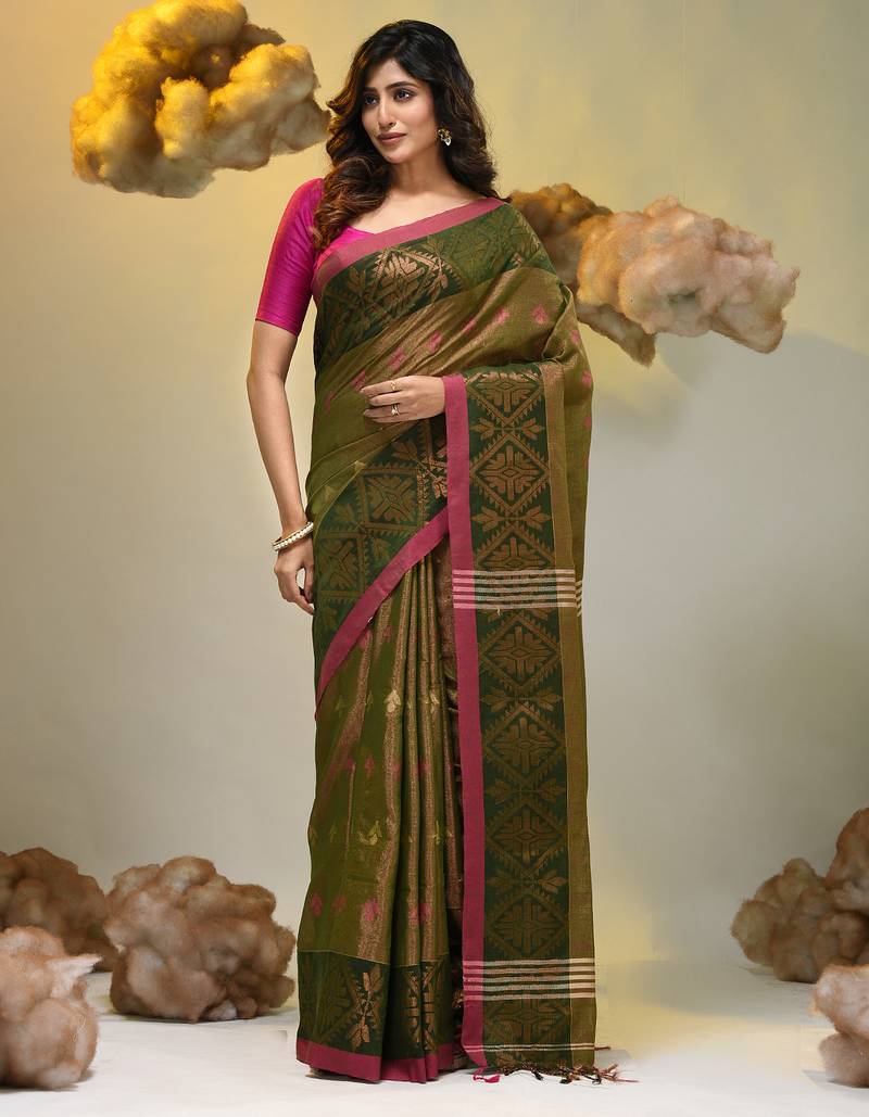 Sap green tissue handwoven soft saree with texture designs