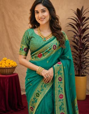 Teal green soft silk blend banarasi jacuard work pethani saree with unstitched blouse piece 5