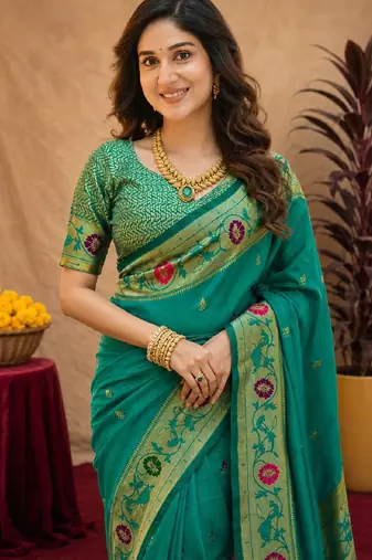 Teal green soft silk blend banarasi jacuard work pethani saree with unstitched blouse piece