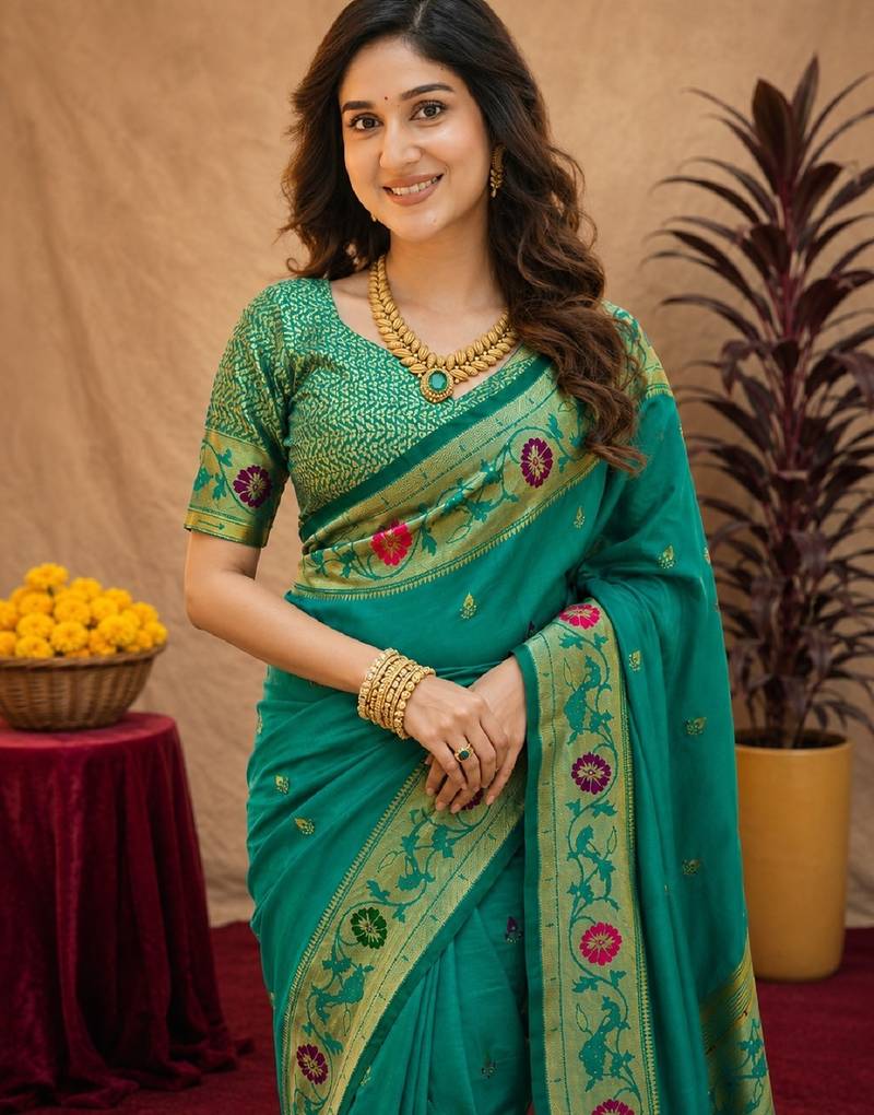 Teal green soft silk blend banarasi jacuard work pethani saree with unstitched blouse piece