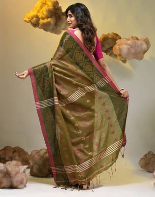 Sap green tissue handwoven soft saree with texture designs 2