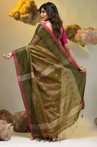 Sap green tissue handwoven soft saree with texture designs