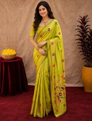 Parrot soft silk blend banarasi jacuard work pethani saree with unstitched blouse piece 1