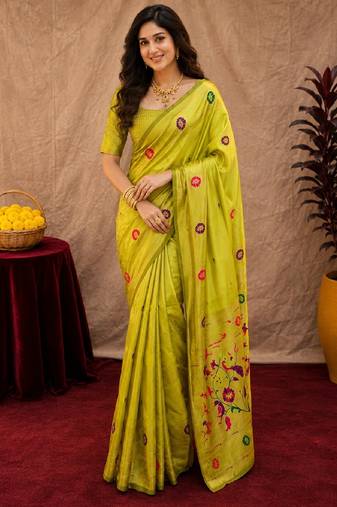 Parrot soft silk blend banarasi jacuard work pethani saree with unstitched blouse piece