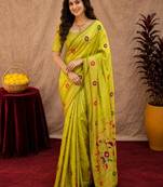 Parrot soft silk blend banarasi jacuard work pethani saree with unstitched blouse piece
