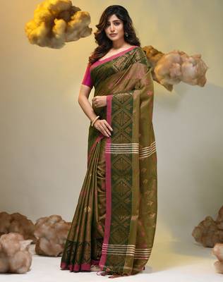 Sap green tissue handwoven soft saree with texture designs 3