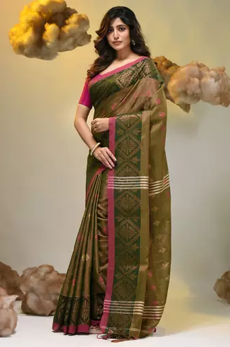 Sap green tissue handwoven soft saree with texture designs