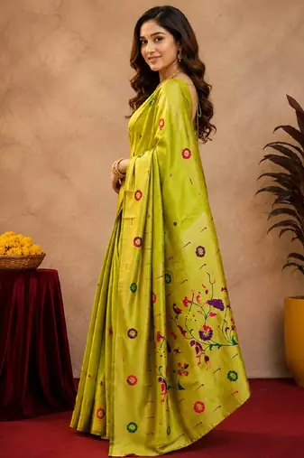 Parrot soft silk blend banarasi jacuard work pethani saree with unstitched blouse piece