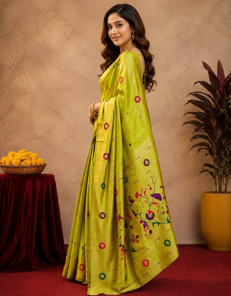 Parrot soft silk blend banarasi jacuard work pethani saree with unstitched blouse piece