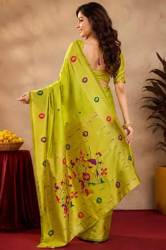 Parrot soft silk blend banarasi jacuard work pethani saree with unstitched blouse piece