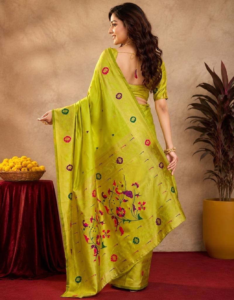 Parrot soft silk blend banarasi jacuard work pethani saree with unstitched blouse piece