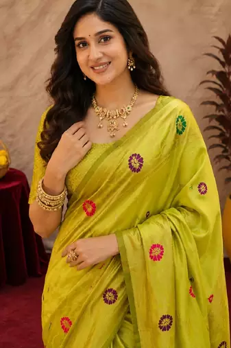 Parrot soft silk blend banarasi jacuard work pethani saree with unstitched blouse piece