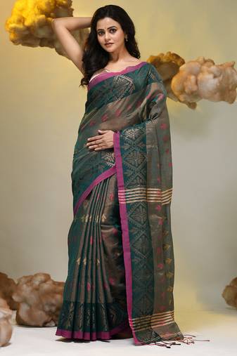 Teal tissue handwoven soft saree with texture designs