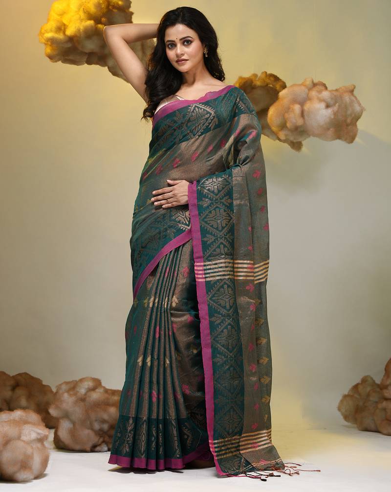 Teal tissue handwoven soft saree with texture designs