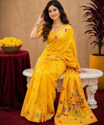 Yellow soft silk blend banarasi jacuard work pethani saree with unstitched blouse piece 1
