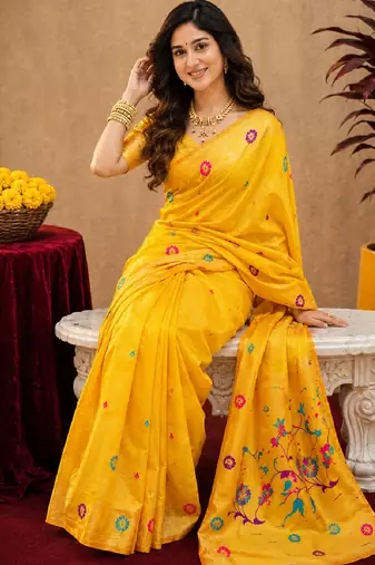 Yellow soft silk blend banarasi jacuard work pethani saree with unstitched blouse piece