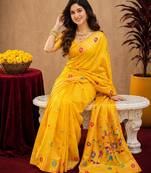 Yellow soft silk blend banarasi jacuard work pethani saree with unstitched blouse piece