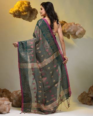 Teal tissue handwoven soft saree with texture designs 2