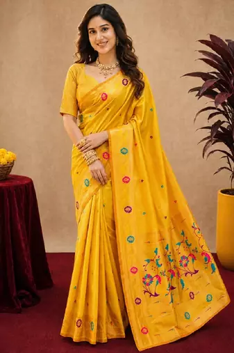 Yellow soft silk blend banarasi jacuard work pethani saree with unstitched blouse piece