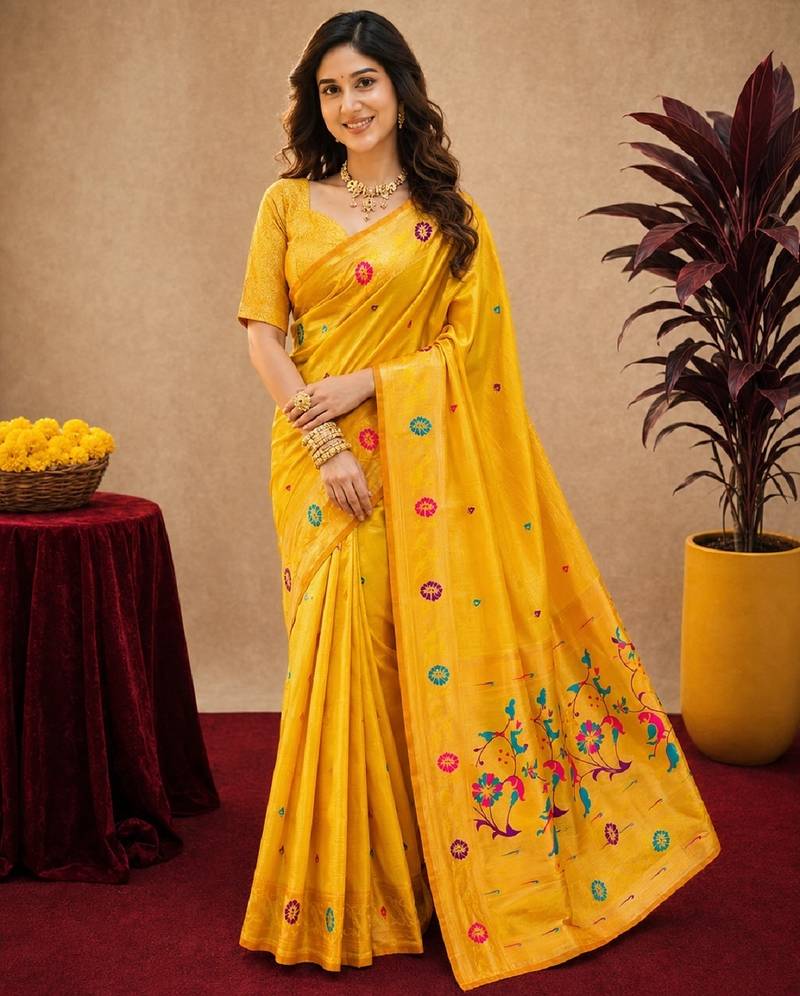Yellow soft silk blend banarasi jacuard work pethani saree with unstitched blouse piece