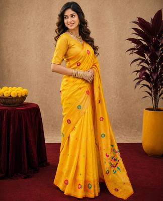 Yellow soft silk blend banarasi jacuard work pethani saree with unstitched blouse piece 3