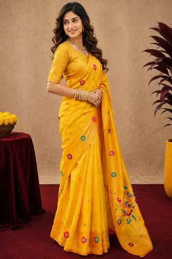 Yellow soft silk blend banarasi jacuard work pethani saree with unstitched blouse piece