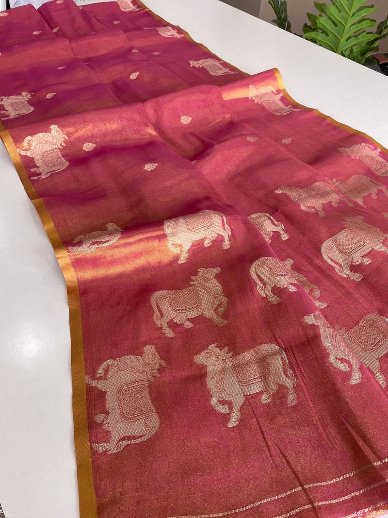 pink coloer Zari All Over Pichwai Pattern Tilak Butti Motifs tissue saree