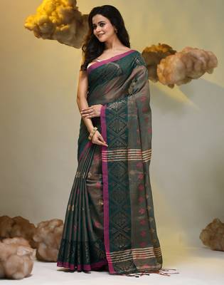Teal tissue handwoven soft saree with texture designs 3