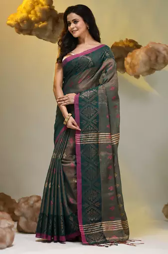 Teal tissue handwoven soft saree with texture designs