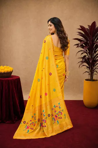 Yellow soft silk blend banarasi jacuard work pethani saree with unstitched blouse piece