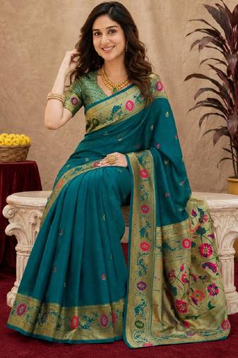 Teal blue soft silk blend banarasi jacuard work pethani saree with unstitched blouse piece