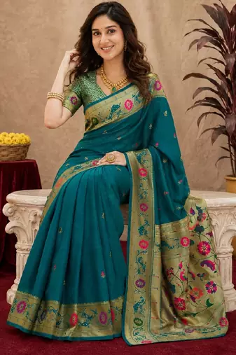 Teal blue soft silk blend banarasi jacuard work pethani saree with unstitched blouse piece