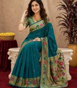 Teal blue soft silk blend banarasi jacuard work pethani saree with unstitched blouse piece