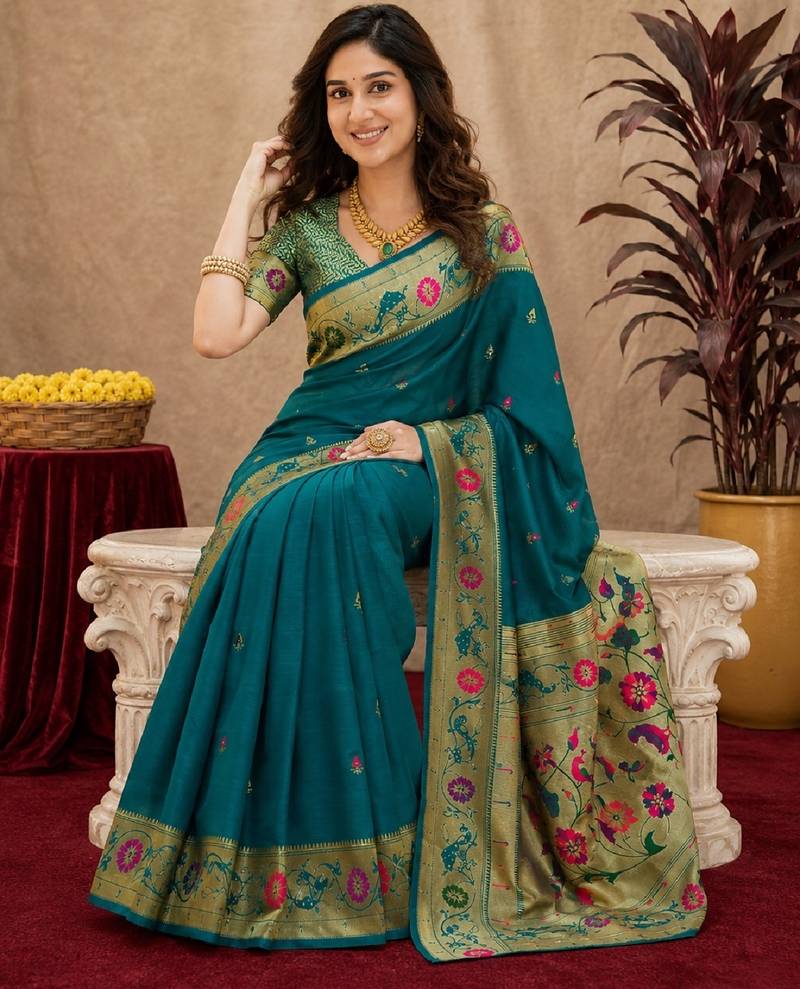 Teal blue soft silk blend banarasi jacuard work pethani saree with unstitched blouse piece